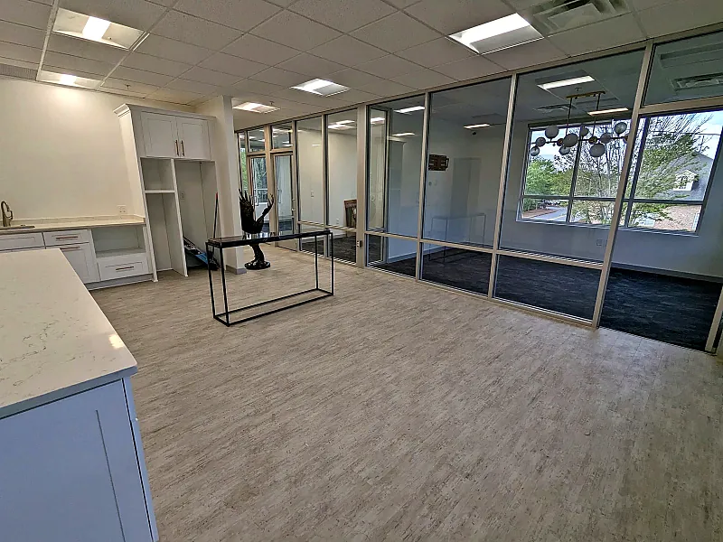 Glass-walled office lounge